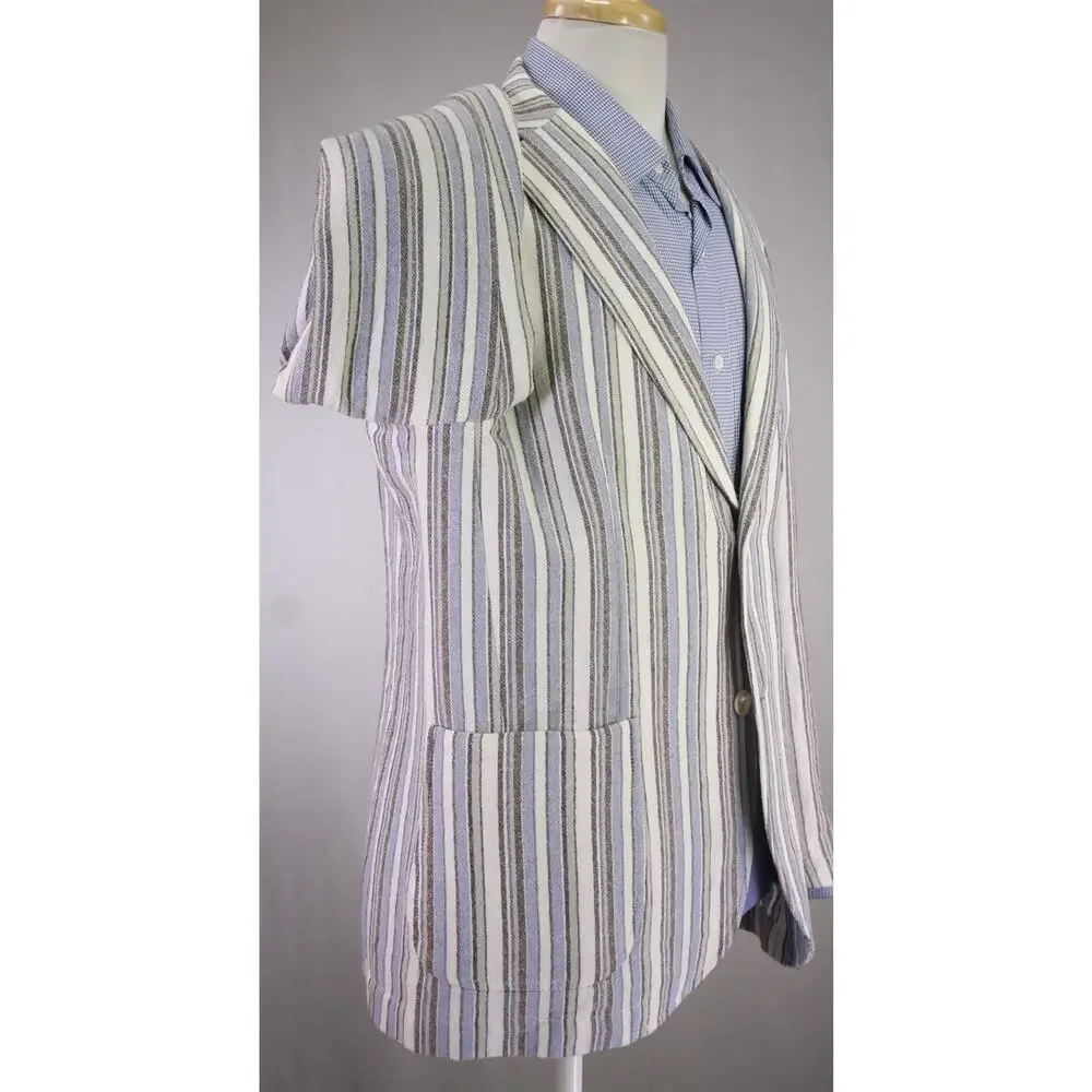 Barbati Blue Brown White Striped Patch Pocket Terry Cotton 2B Blazer Jacket 42R